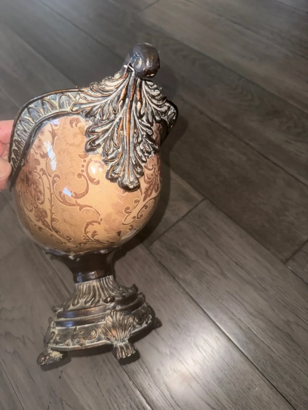 Ornate Decorative Pedestal Bowl - tan and Antique like brown